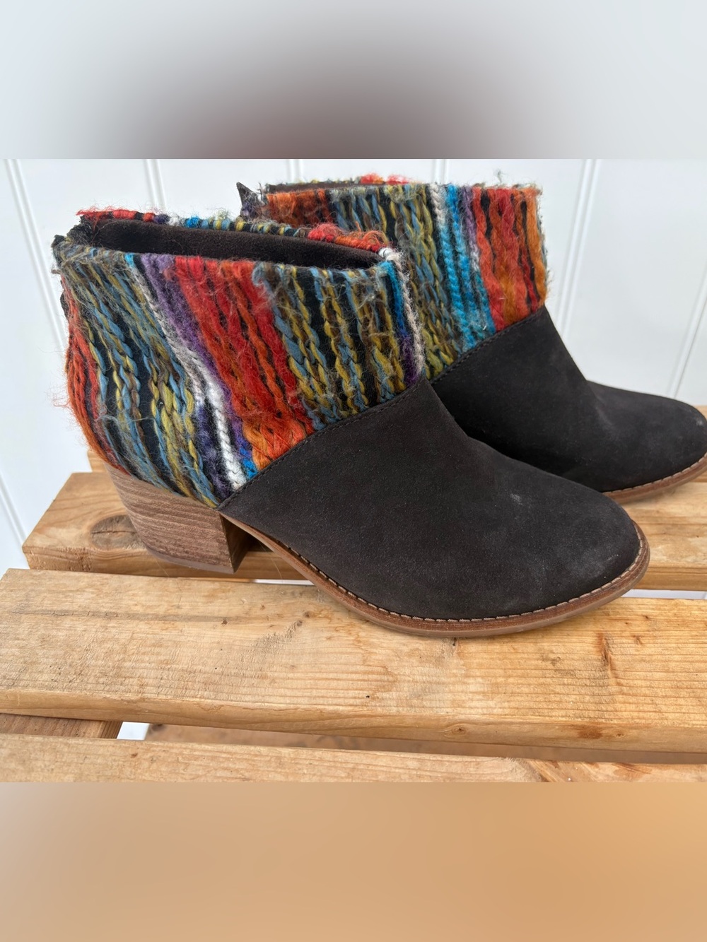 Toms Black Suede Ankle Booties with Multicolor Knit Cuff